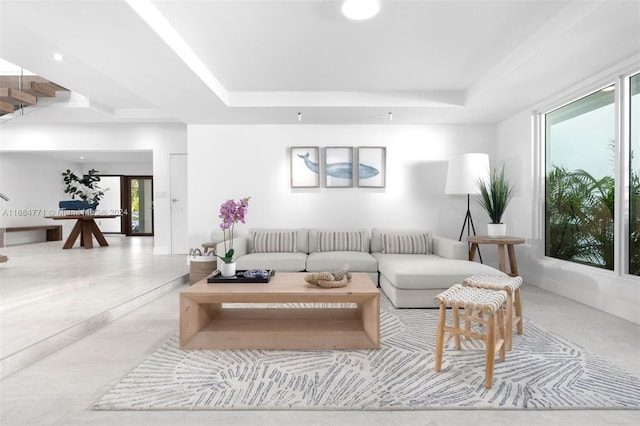 living room featuring a raised ceiling