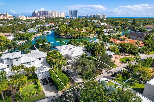 drone / aerial view with a water view