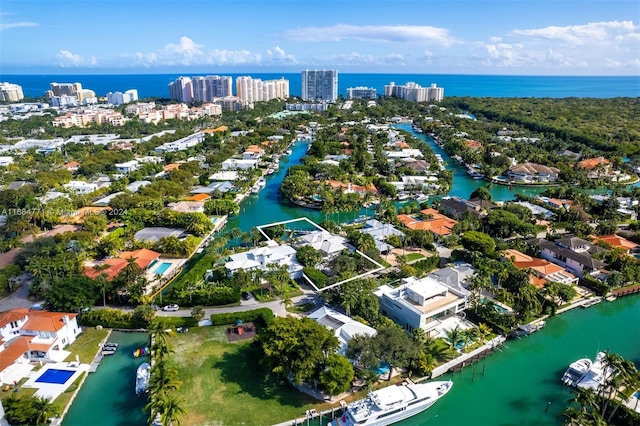 bird's eye view with a water view