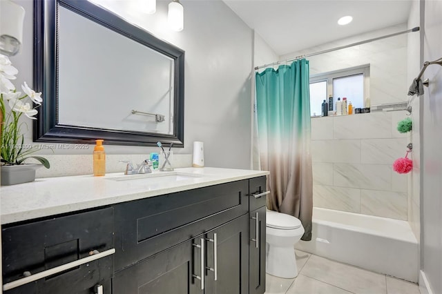 full bathroom with tile patterned flooring, vanity, shower / tub combo, and toilet