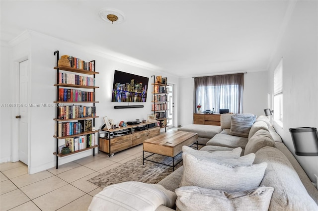 tiled living room with ornamental molding