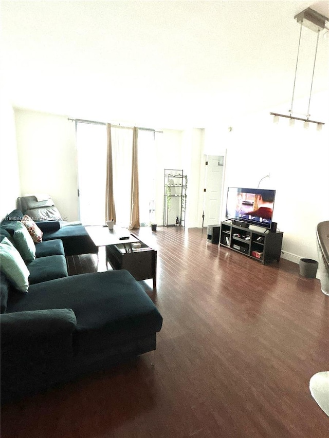 living room with dark hardwood / wood-style flooring and expansive windows