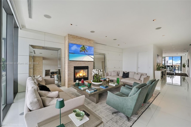 living room with a large fireplace