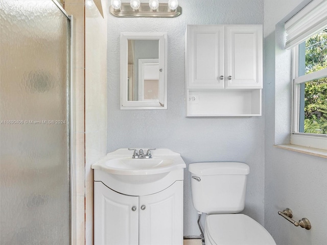 bathroom featuring a shower with door, vanity, and toilet