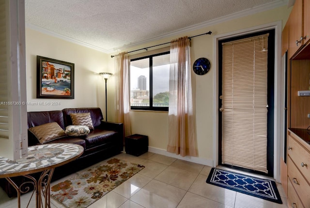 living room featuring light tile patterned flooring, a textured ceiling, and crown molding