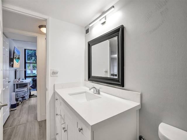 bathroom featuring toilet, vanity, and hardwood / wood-style floors