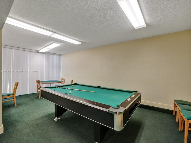 playroom with billiards, a textured ceiling, and dark carpet