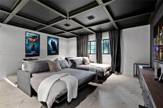 home theater with coffered ceiling, visible vents, beamed ceiling, and baseboards