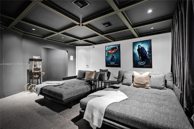 interior space with coffered ceiling, beam ceiling, visible vents, and carpet flooring