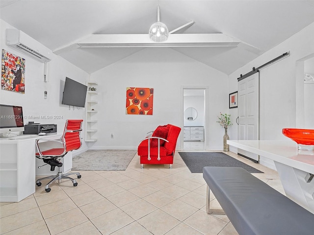 tiled office featuring ceiling fan, a barn door, an AC wall unit, and vaulted ceiling