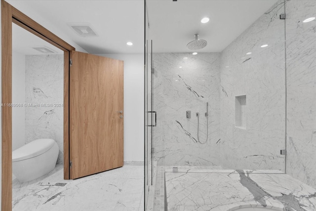 1135 103rd St Unit 403, Bay Harbor Islands, FL 33154 - bathroom with marble tiled floors, a marble finish shower, and recessed lighting