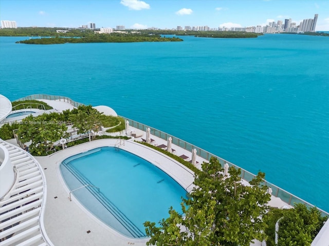 aerial view featuring a water view