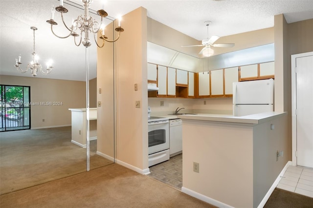 kitchen with light carpet, exhaust hood, pendant lighting, white cabinets, and white appliances