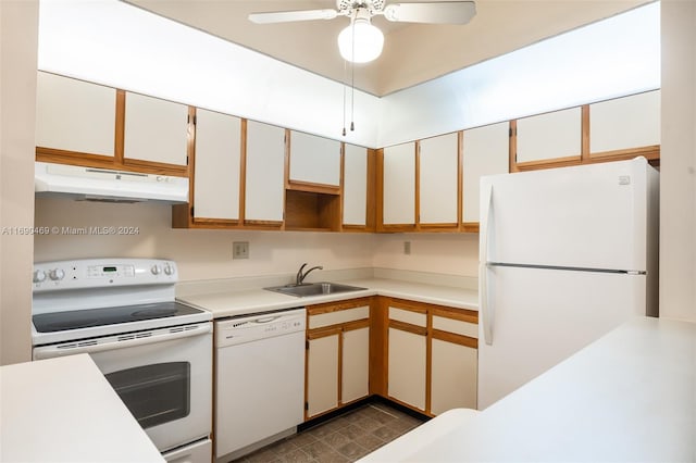 kitchen with white cabinets, white appliances, ceiling fan, and sink