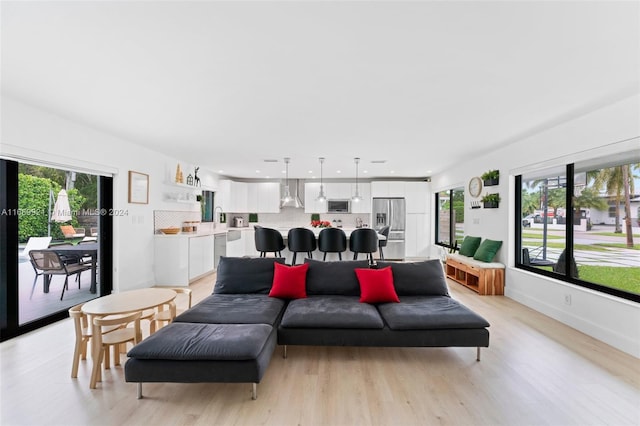 living room with plenty of natural light and light hardwood / wood-style flooring