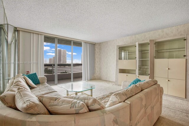 living room featuring light carpet, a wall of windows, and a textured ceiling