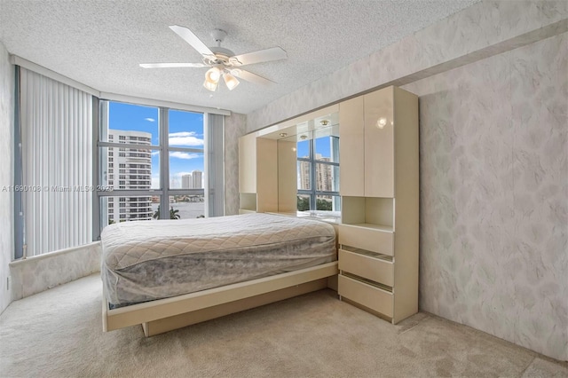 bedroom with light carpet, a textured ceiling, multiple windows, a view of city, and a textured wall