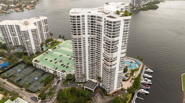 aerial view with a view of city and a water view