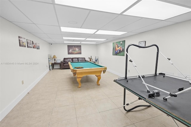 rec room with a drop ceiling, light tile patterned floors, and pool table