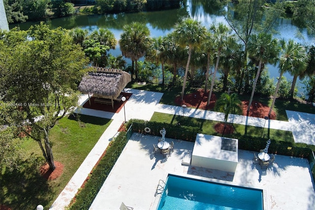 drone / aerial view featuring a water view