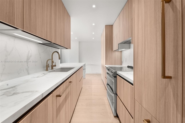 kitchen featuring tasteful backsplash, stainless steel electric range, light stone countertops, sink, and light hardwood / wood-style floors