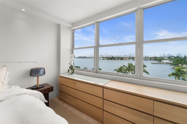 bedroom featuring a water view