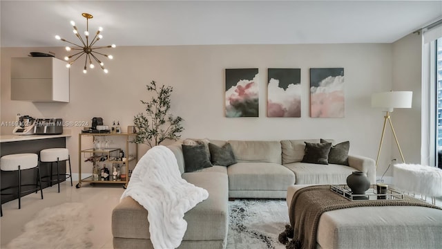 carpeted living room featuring an inviting chandelier