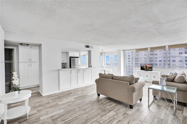 living room with a textured ceiling and light hardwood / wood-style floors