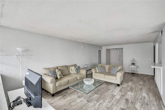 living room with a textured ceiling and light hardwood / wood-style flooring