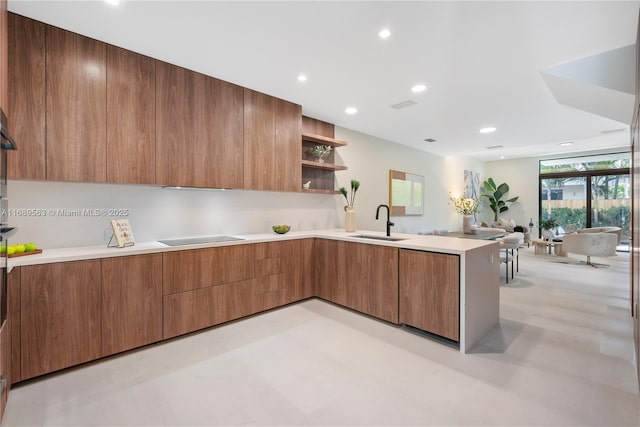 kitchen featuring black electric stovetop, kitchen peninsula, and sink