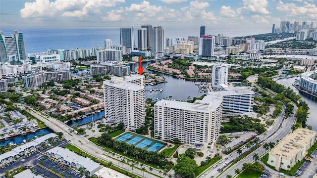 bird's eye view with a water view