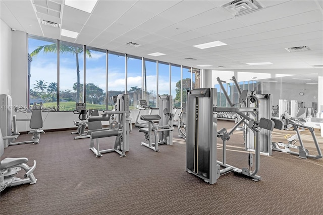 workout area with dark carpet and a wealth of natural light