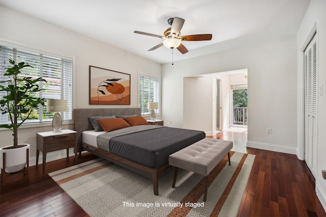 bedroom with a closet, ceiling fan, and dark wood-type flooring