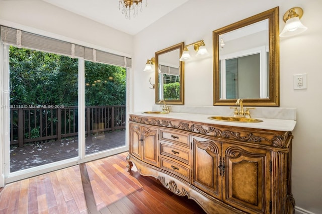 bathroom with wood-type flooring and vanity