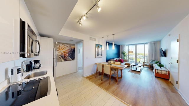 dining area featuring light hardwood / wood-style floors, rail lighting, and sink