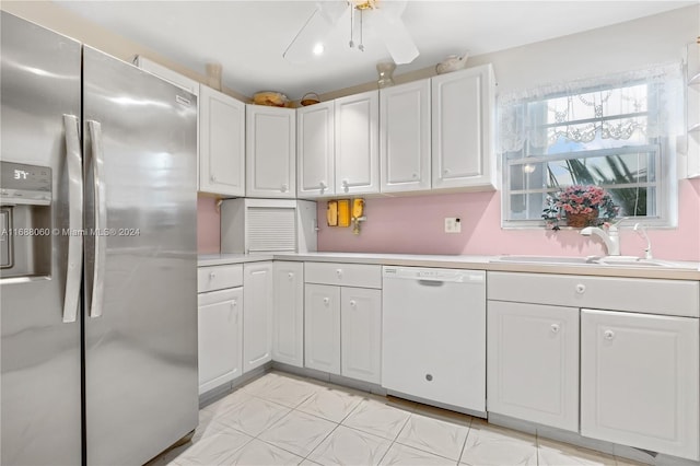 kitchen featuring white cabinets, stainless steel fridge with ice dispenser, sink, and dishwasher