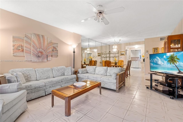 living room featuring ceiling fan