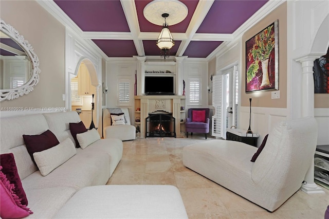 living room featuring beam ceiling, crown molding, and coffered ceiling