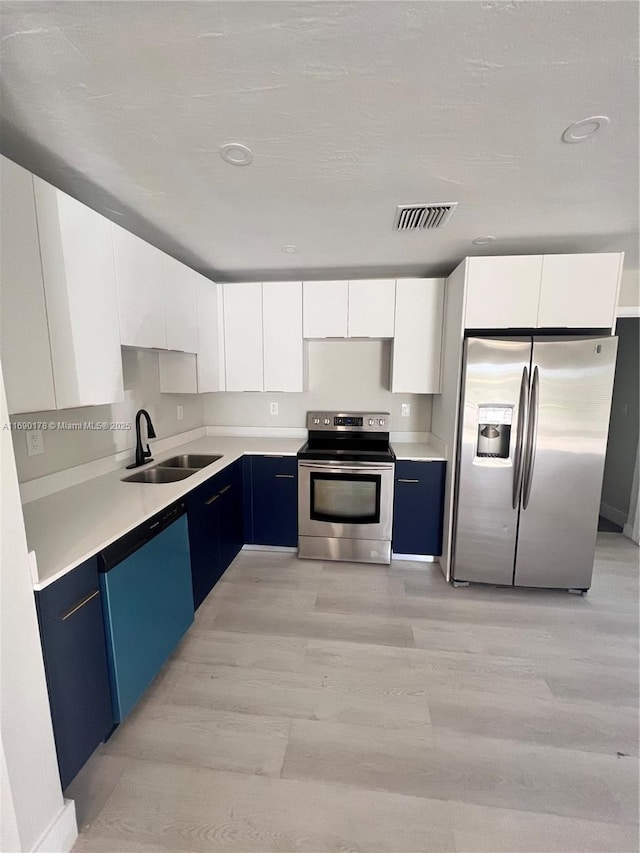 3731 SW 58th Ter, Davie, FL 33314 - kitchen with white cabinetry, sink, stainless steel appliances, and blue cabinetry