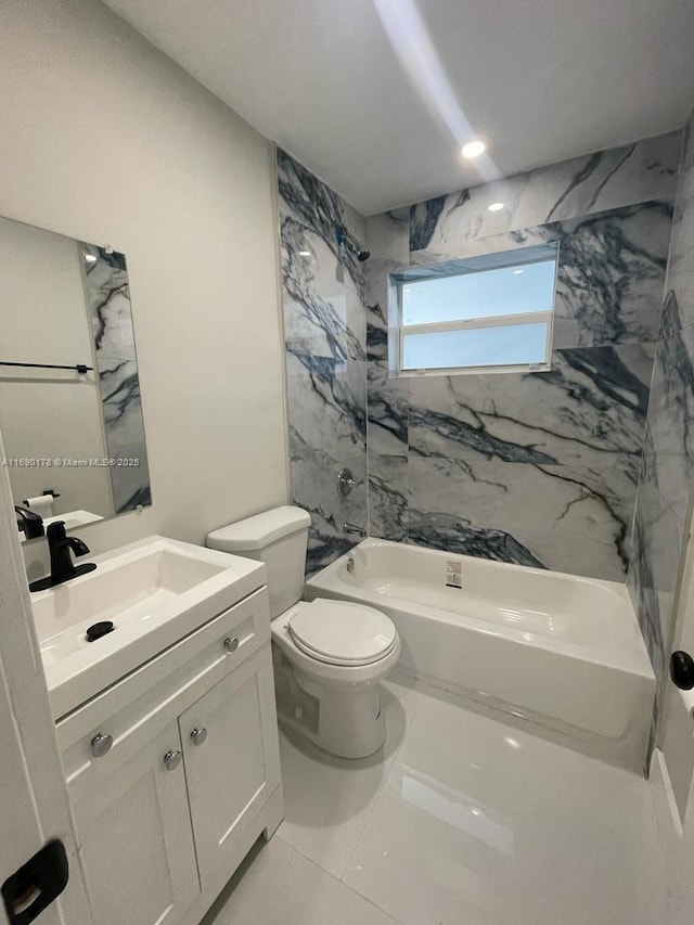3731 SW 58th Ter, Davie, FL 33314 - full bathroom featuring tiled shower / bath combo, vanity, tile patterned floors, and toilet