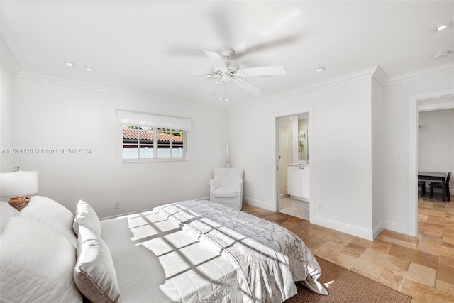 bedroom featuring connected bathroom, ceiling fan, and crown molding