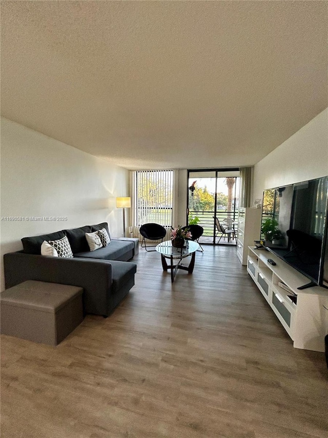 living room featuring hardwood / wood-style floors, expansive windows, and a textured ceiling