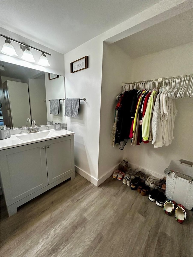 bathroom with hardwood / wood-style flooring and vanity