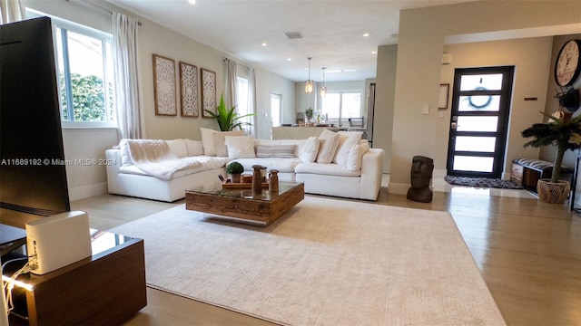 living room with light wood-type flooring and a healthy amount of sunlight