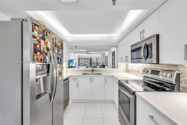 6320 Boca Del Mar Dr Unit 207, Boca Raton, FL 33433 - kitchen with appliances with stainless steel finishes, a sink, a tray ceiling, and light countertops