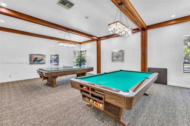 recreation room with billiards and light carpet