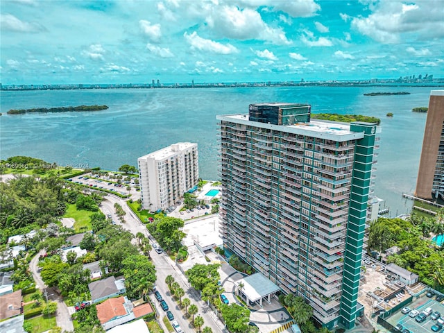 drone / aerial view with a water view