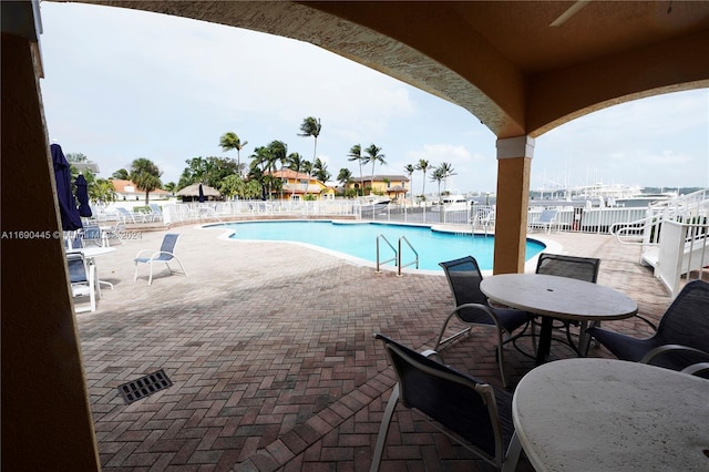 view of swimming pool featuring a patio area