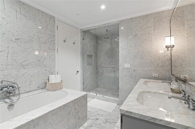 bathroom featuring plus walk in shower, tile walls, and ornamental molding