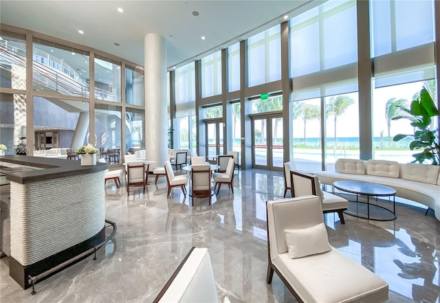 lobby with a water view